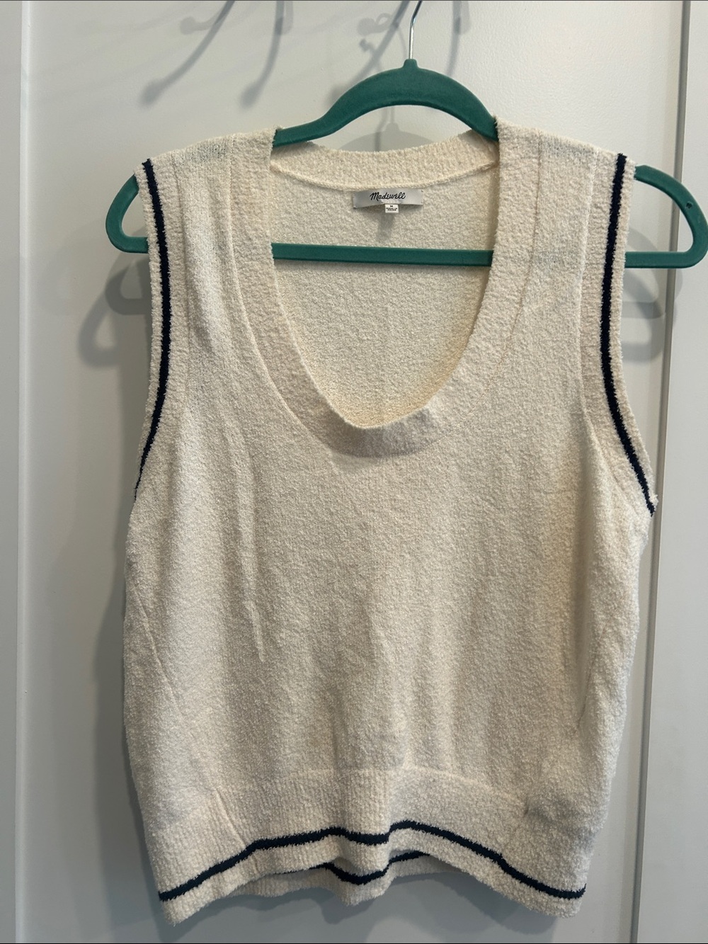 Madewell Cream Boucle Round Neck Sweater Vest with Navy Stripe Trim